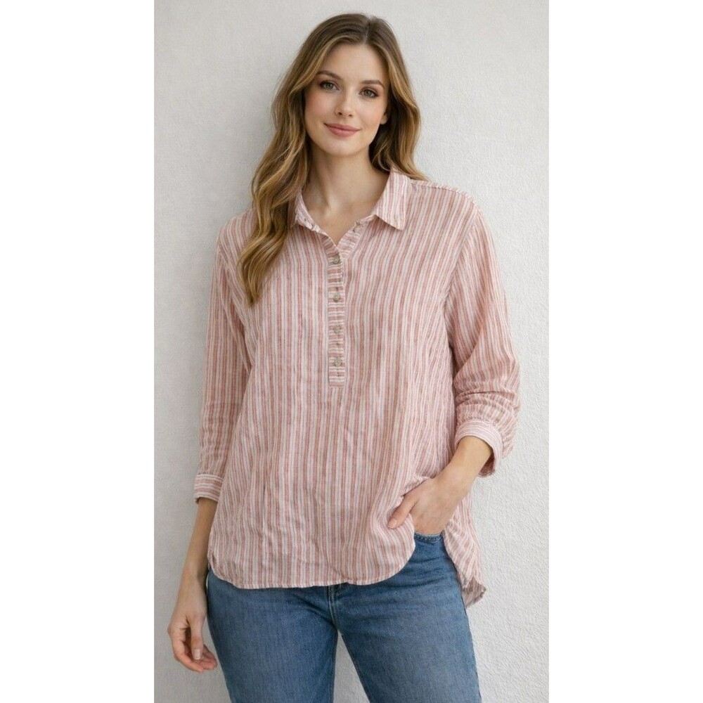 J. Jill Love Linen Size 1X Striped Tunic Top 100% Linen 3/4 Sleeve Layered Trim